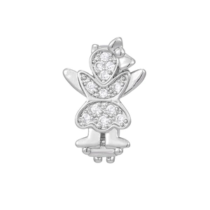 Detailed view of a silver angel girl charm with bow and cubic zirconia pavé stones