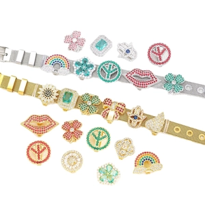 Polished 10mm mesh strap bracelets in gold and silver with assorted crystal slide charms
