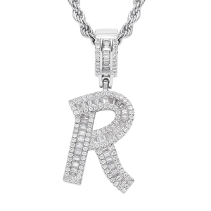 Hip hop silver initial R pendant necklace featuring micro-pave and baguette cubic zirconia
