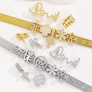 Adjustable stainless steel mesh bracelet with sparkling crystal heart and love charms