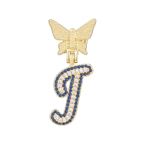 Detailed close-up of a gold butterfly necklace with a blue and white zircon letter J pendant