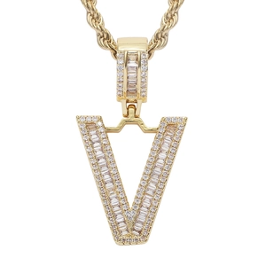 Hip-hop style gold-plated V-letter pendant necklace with iced-out cubic zirconia stones