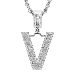Hiphop silver-colored letter V pendant necklace with micro-paved white zircons and rope chain