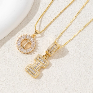 Gold plated copper necklace with iced out zircon letter I pendant set for women