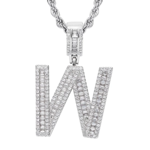 Iced-out letter W hip hop pendant necklace with silver plating and white zircon