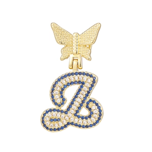 Detail of gold butterfly clasp and letter L pendant set with blue and white zircons
