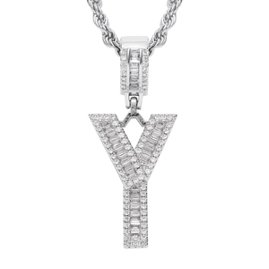 Close-up of iced-out letter Y pendant with cubic zirconia on a silver rope chain