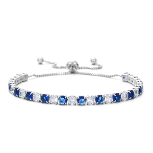 Bracelet bolo réglable argenté avec zircons ronds alternant entre bleu et blanc étincelant