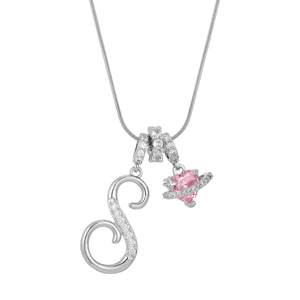 Silver snake chain necklace with pink heart Saturn pendant and sparkling letter S charm