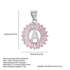 Detailed view of pink zircon pendant letter A with 5A+ stones on a gold chain