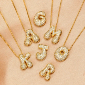 18k gold plated bubble letter necklaces with sparkling zircon micro-pave on silk fabric