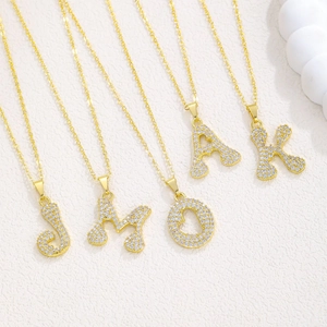 Gold plated 26 letter bubble heart pendants with sparkling cubic zirconia pavé stones