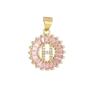 Close-up of pink crystal halo pendant with gold letter H and sparkling white zircon detail