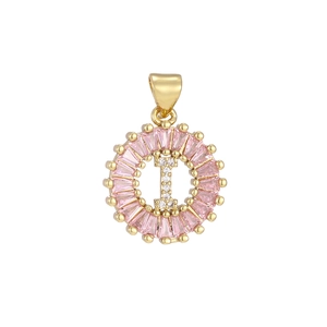 Detailed view of pink zircon-encrusted circle pendant with letter I in gold finish