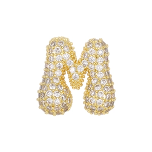 Close-up of 18k gold bubble M letter pendant with micro-paved sparkling zircon stones
