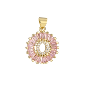 Close-up of pink and white cubic zirconia letter O pendant with gold plated finish