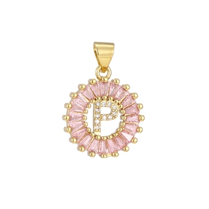 Macro detail of gold-plated pink crystal letter P pendant with micro-inlaid zircons