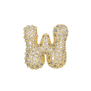 Detailed view of bubble initial W pendant in 18k gold plating with sparkling zircons