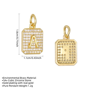 Vergulde koperen vierkante hanger met A-Z letters en zirkonia micro-pave zetting