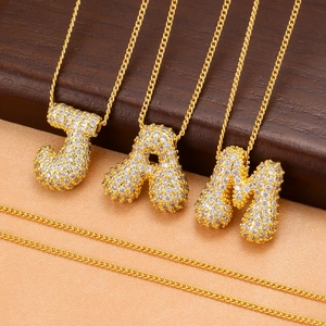 18K Gold Plated Copper Bubble Alphabet Pendant Necklace For Unisex Iced Out Zirconia Balloon Letter Pendant Jewelry No Chain Option
