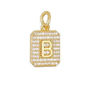 Gouden rechthoekige letter B hanger met zirkonia pavézetting en bovenste ring
