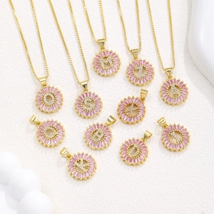Pink rectangular zircon 26 letters pendant necklaces in gold plated copper with box chain