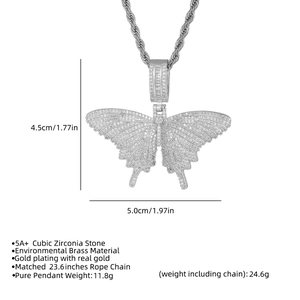 Iced Out Schmetterling Anhänger mit Kordelkette und Zirkonia Steinen in Gold und Silber