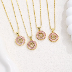 Pink zircon sunflower letter pendant necklace with gold plated chain for women
