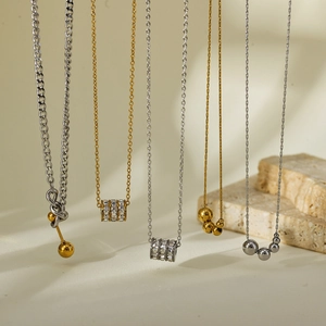 Minimalist 304 Stainless Steel Pendant Necklace For Women Gold Silver Plated Zirconia Cylinder Round Bead Barbell Jewelry