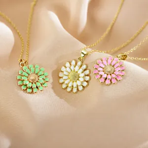 Modern Alloy Enamel Sunflower Pendant Necklace For Women Layered Petals Daisy Flower Gold Color Chain Jewelry Gift