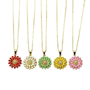 Golden sunflower pendant necklaces in five colors with drip oil glaze finish