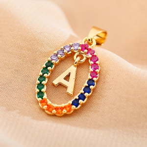 Rainbow cubic zirconia alphabet A pendant necklace in gold plated stainless steel