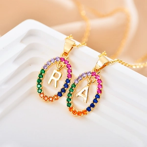 Gold stainless steel oval necklace with colorful zircon stones and alphabet letters