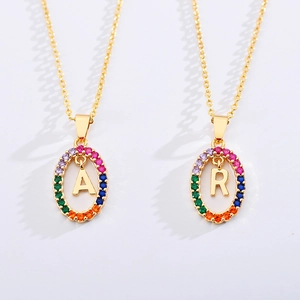 Gold stainless steel oval necklace featuring colorful zircon and letters A and R