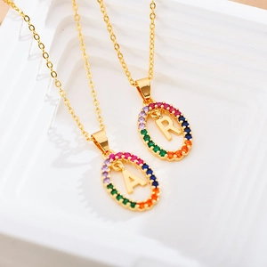 Rainbow Zircon English Alphabet Letter Pendant Necklace Stainless Steel Chain Gold Plated Colorful Initial Jewelry For Women