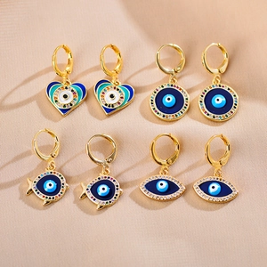 Vergulde Koperen Boze Oog Hangende Oorbellen Voor Vrouwen Luxe Emaille Hart Hand Van Fatima Vis Zirconia Sieraden