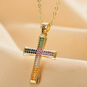 Chic gold-plated cross necklace for women featuring vibrant colorful zircon stones