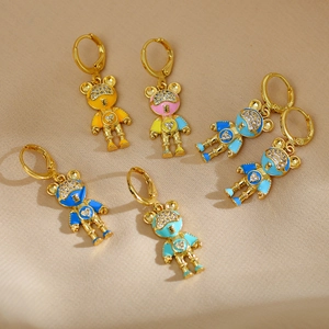 Boucles d'oreilles Pendantes en Cuivre Plaqué Or Zirconia Mignon Ours Astronaute Pour Femmes Bijoux Créoles Émail Coloré Animal Cadeau