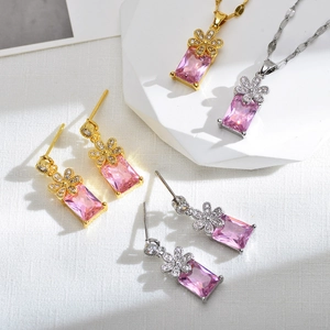 Strik Bloem Roze Rechthoekige Strass Hanger Halsketting Oorbellen Set Koper Elegant Zoet Sieraden Voor Vrouwen Feest Dagelijks Accessoire