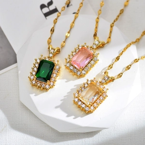Elegant gold necklaces with rectangular green, pink, and champagne zircon pendants