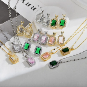 Elegant Copper Rhinestone Geometric Necklace Earrings Rectangular Inlaid Jewelry Set Gold Silver Plated For Women Wedding Party
