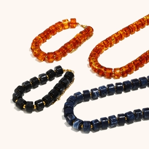18K gold plated stainless steel necklace and bracelet set with acrylic cylindrical beads