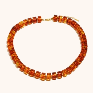 Vintage 18K gold plated necklace with amber acrylic cylinder beads and adjustable chain