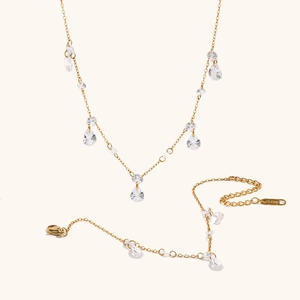 18K gold plated stainless steel jewelry set featuring water drop zircon tassel necklace and bracelet