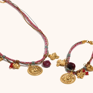 Bohemian woven jewelry set with 18K gold plated sun pendants and vibrant gemstone beads