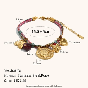 Brown braided cotton cord bracelet with 18K gold plated sun and heart charms for women