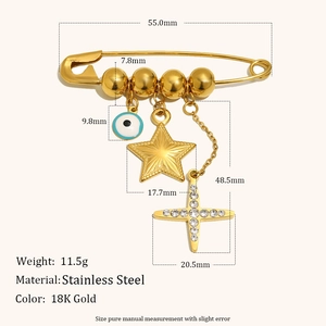 18K gold plated stainless steel pin brooch with evil eye star and cross charms