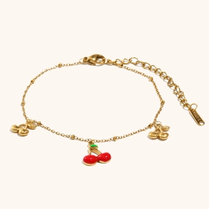 18K gold plated stainless steel cherry pendant bracelet with colorful enamel details