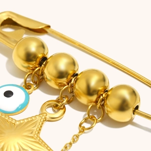 18K gold plated stainless steel paperclip brooch with evil eye and star charms