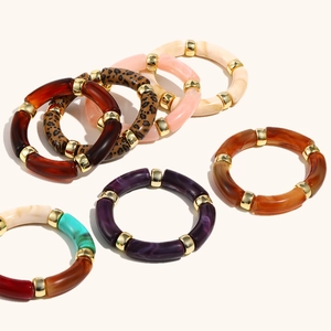 Retro acrylic bamboo tube bracelet set with leopard print and gold metal spacers
